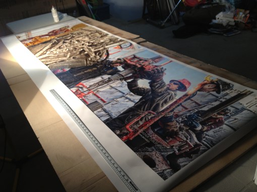 The metre stick provides perspective. This is drying after the archival laminate is applied.